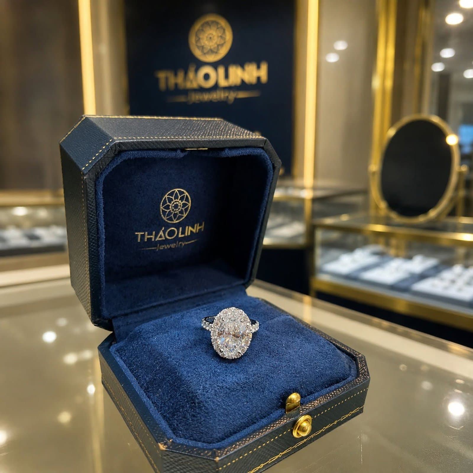 Nhẫn Kim Cương Nuôi Cấy Oval Halo Vàng Ý 750