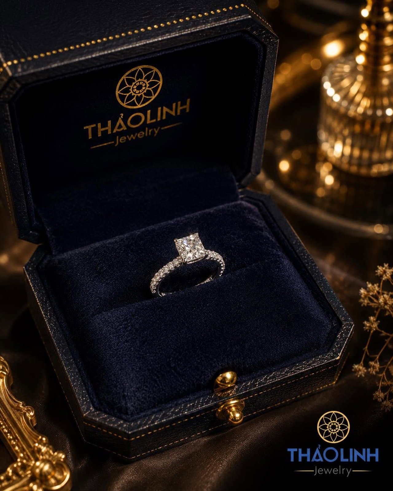 Nhẫn Cầu Hôn Kim Cương Nuôi Cấy Princess 5ly Nước D - Vàng Trắng 18K
