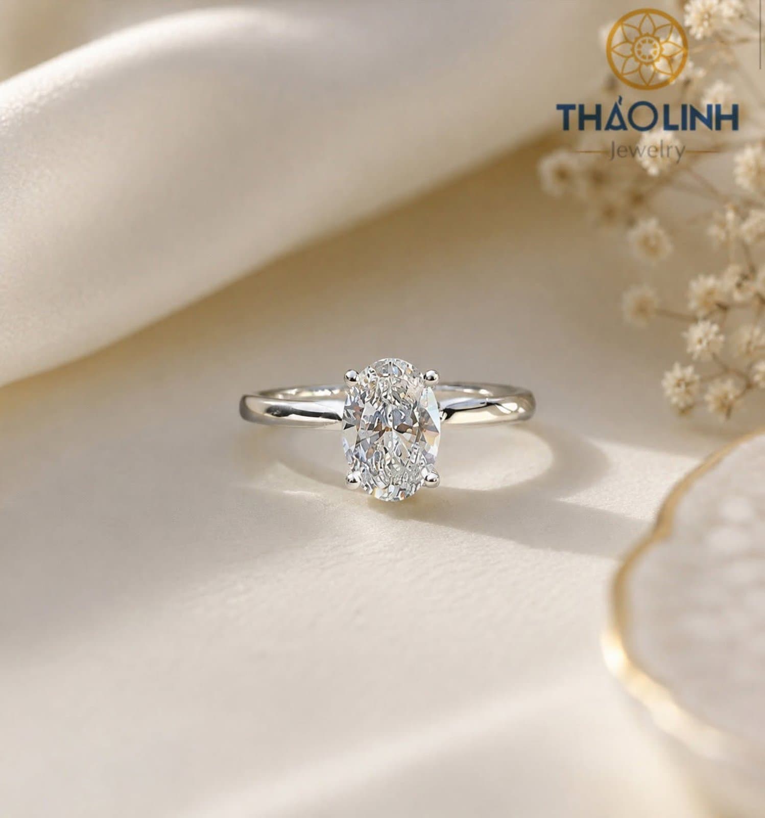 Nhẫn Nữ Solitaire Kim Cương Nuôi Cấy Oval 0.9 Carat - Vàng Trắng 14K