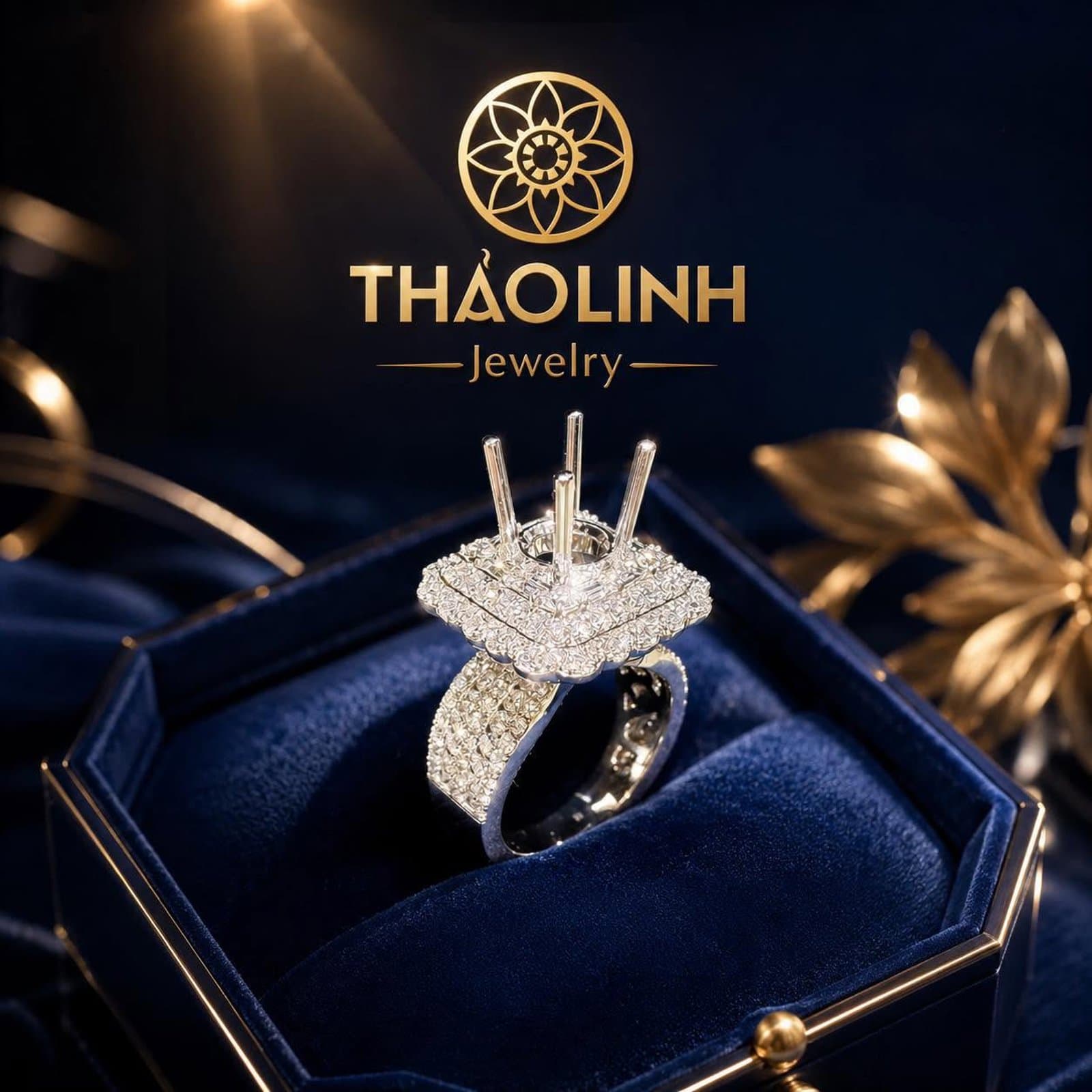 Vỏ nhẫn nữ halo vuông full tấm kim cương nuôi cấy vàng trắng 14K
