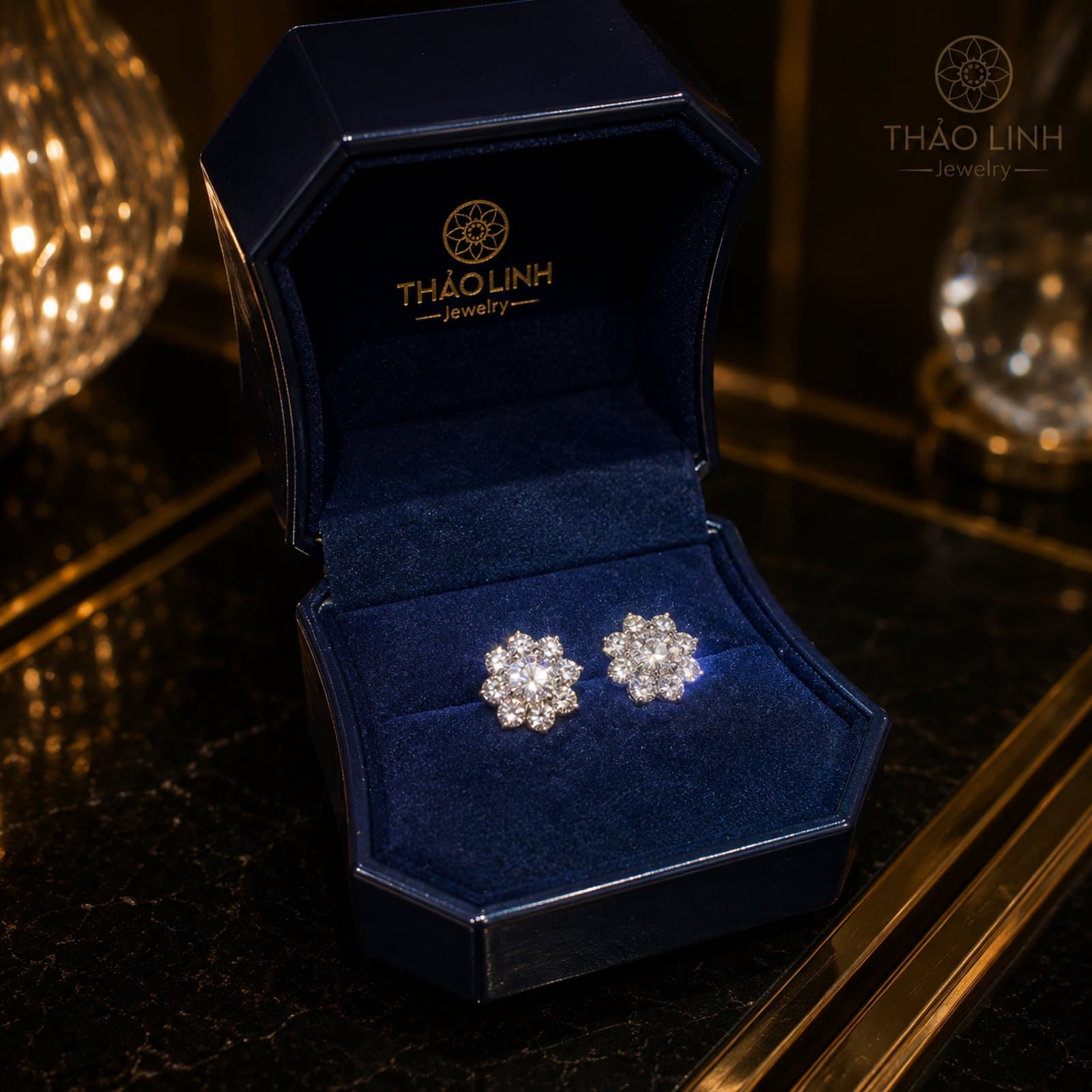 Bông Tai Nụ Hoa Tia Kim Cương Nuôi Cấy Viên Chủ 5ly4 Nước D - Vàng Trắng 14K