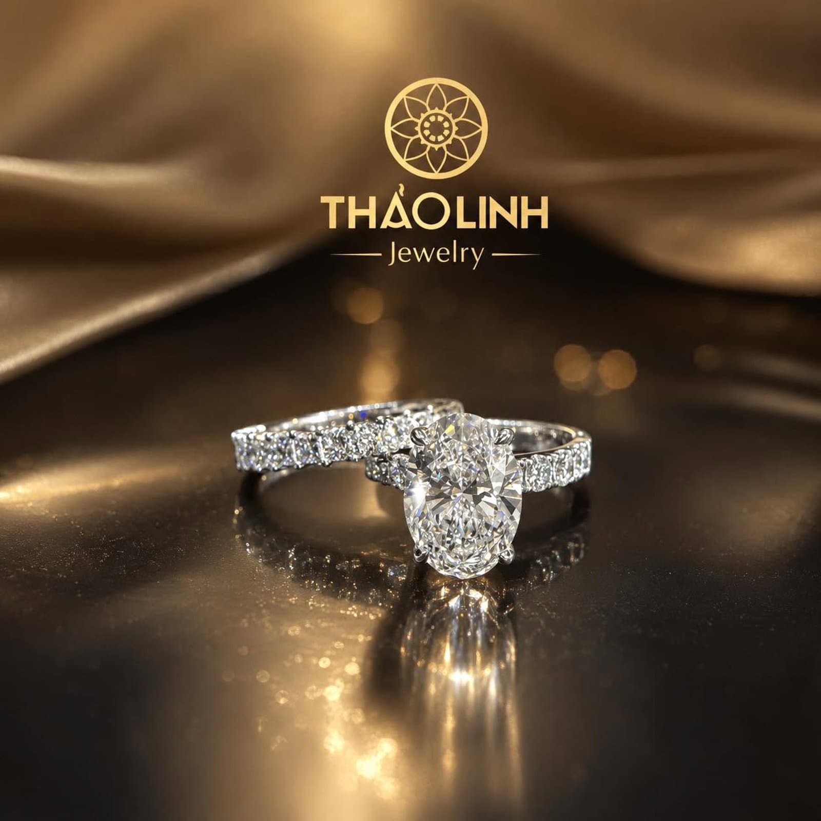 Nhẫn Nữ Couple Kim Cương Nuôi Cấy Oval 3 Carat + Nhẫn Kết Princess - Vàng Trắng 14K